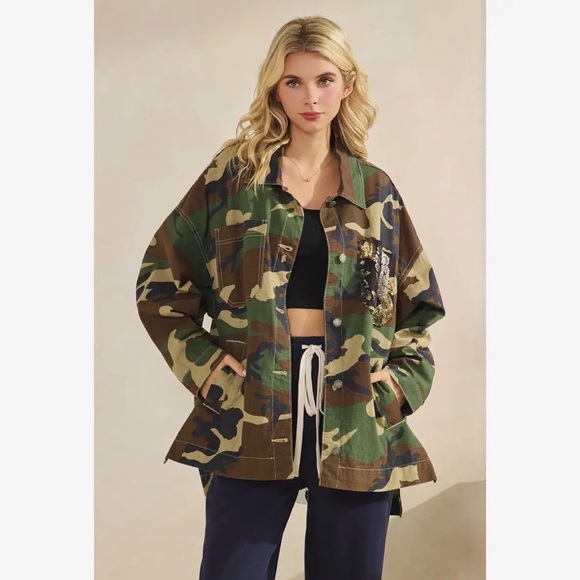 Camo denim cotton sequin Jean floral flower mineral bohemian wash coat jacket - Picture 4 of 7